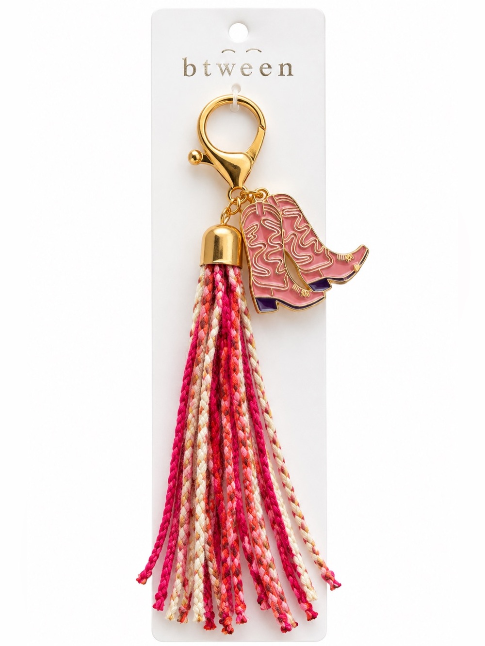 b.tween Pink Cowboy Boots Tassel Bag Charm Keychain Gold Tone